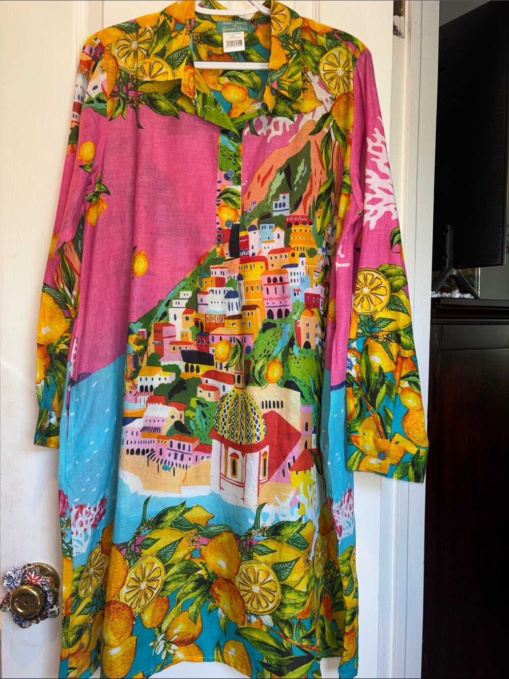 ANTICA SARTORIA MULTICOLORED 4 BUTTON DOWN COTTON DRESS LEMON AND VILLAGE PRINT